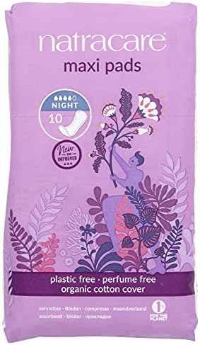 Natracare Natural Traditional Style Night Time Maxi Pads, Individually Wrapped, Without Wings in Plant-Based Bag (1 Pack, 10 Pads Total)