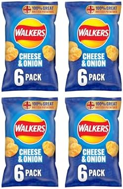 Walkers Cheese and Onion Flavored Potato Crisps, 100% British Potatoes, 6 Pack Multipack, 24 Total Bags 25g Each