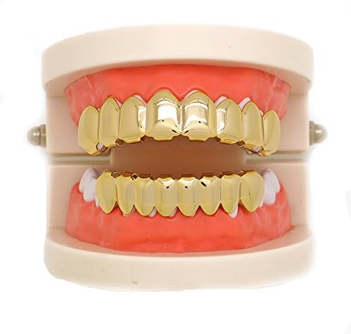 LuReen 8 Teeth Grillz 14k Gold Top and Bottom Grills Set Shiny Hip Hop Teeth Grillz + Extra Molding Bars for Halloween Costume Cosplay