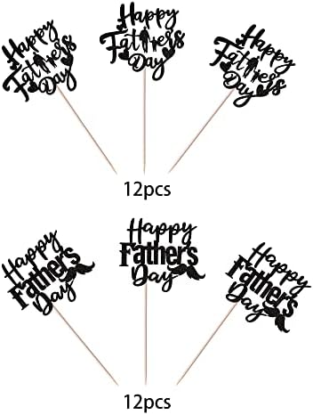24 Pack Happy Father's Day Cupcake Toppers Glitter Best Dad Cupcake Picks Love Dad Moustache Cake Decorations for Happy Father's day Theme Men Birthday Party Supplies Black
