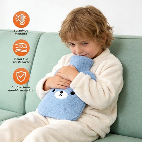 samply Hot Water Bottle with Cute Fleece Cover, Hot Water Bag for Hot and Cold Compress, Hand Feet Warmer, Neck and Shoulder Pain Relief, Light Blue Bear