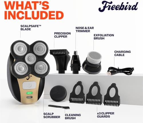 Freebird FlexSeries Electric Head & Body Hair Shaver - Mens Cordless Rechargeable Wet/Dry Skull Bald Head Back & Groin Waterproof Razor with Rotary Blades, Clippers, Nose Trimmer, Brush, Massager
