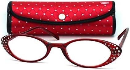 Womens Rhinestone Studded Oval Cat Eye Reading Glasses with Hard Case