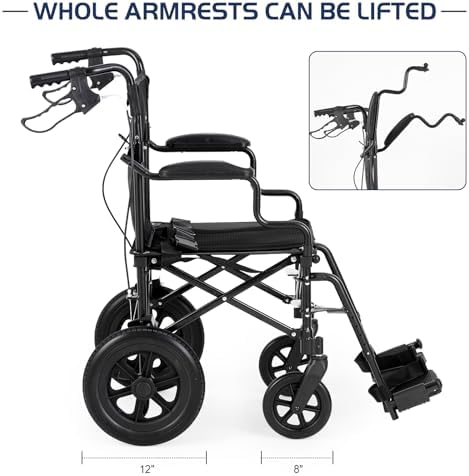 Ultralight Transport Wheelchair for Adults & Kids, Weights only 22lbs, Folding Travel Wheelchair with Handbrakes, Detachable Footrests, Swing Away Armrests and 12" Rear Wheels, Black