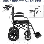Ultralight Transport Wheelchair for Adults & Kids, Weights only 22lbs, Folding Travel Wheelchair with Handbrakes, Detachable Footrests, Swing Away Armrests and 12" Rear Wheels, Black