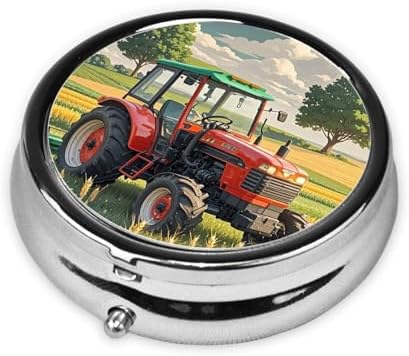 Portable 3-Compartment Pill Box â€“ Round Daily Medicine Organizer for Pocket or Purse, Tractor Theme Ideal for Morning, Noon & Evening Doses
