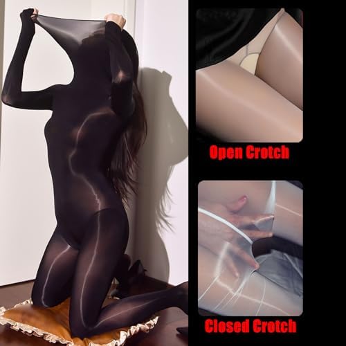 LESOYA Women's Nylon Sheer 8D Oil Shiny Bodystocking High Collar Long Sleeve Bodysuit Glossy Seamless Catsuit