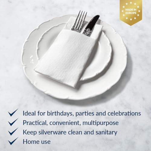 PAW - White Linen Feel Napkins with Built-in Flatware Pocket, Soft and Absorbent Paper Pre-Folded Napkins, Guest Towels, Wedding Party, Dinner, Birthday, Gatherings, 50 Count