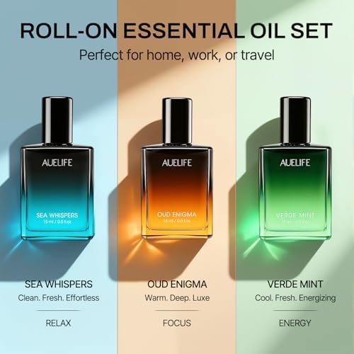 3 x 15ml Roll-On Essential Oil Set for Men – Refreshing Peppermint, Soothing Sandalwood & Earthy Oud Rollerball Oils – Aromatherapy for Relax, Focus & Energy –Gift Set for Him for Work, Travel & Home
