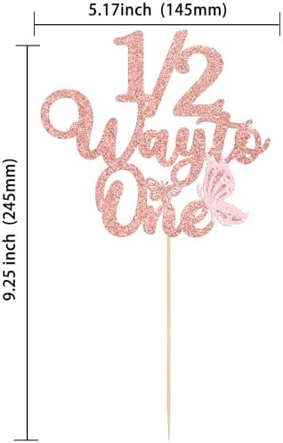 Gyufise 1Pc Butterfly 1/2 Way to One Cake Topper Glitter Happy 6 Months Birthday Cake Pick 1/2 Half Birthday Cake Decoration for Baby Half Year Old Party Decorations Supplies Rose Gold