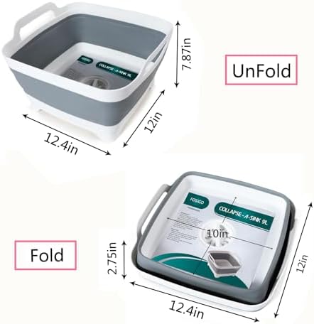 FOSJGO Collapsible Dish Basin with Drain Plug, 2.4 Gal(9L) Space Saving Multiuse Foldable Sink for Baby Bottles, Kitchen Camping Dish Tub for Vegetable Washing and Beverage Tubs