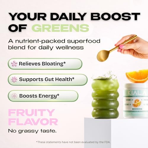Kiala Nutrition Super Greens, Organic Greens Powder with Spirulina & Chlorella for Digestion, Gut Health, Immunity, Adaptogens, Energy, Gluten Free, Vegan, Sugar Free, Watermelon Slush, 30 Servings