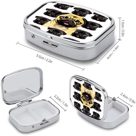 Black Yellow Pug Pill Box 2 Compartment Decorative Metal Pill Case for Pocket Or Purse Travel Portable Medicine Box Pill Container Organizer for Vitamins Fish Oils Supplements