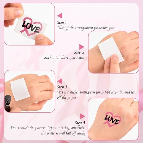 WANDIC Pink Ribbon Awareness Kit, 100PCS Ribbon Pins 10 Sheets Temporary Tattoo for Breast Cancer for Public Benefit Activities