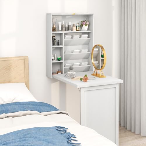 Tangkula Foldable Wall Mounted Desk, Floating Table with Storage Shelves & Hooks, Space-Saving Fold-Up Murphy Desk for Small Spaces, Home Office, Dorm Room