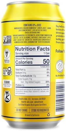Health-Ade Ginger-Lemon Kombucha, Organic Drink, 12-Pack (11.5 Fl Oz Cans) - Fermented Tea with Probiotics, Detoxifying Acids, Supports Gut Health - Non-GMO, Vegan, Gluten-Free