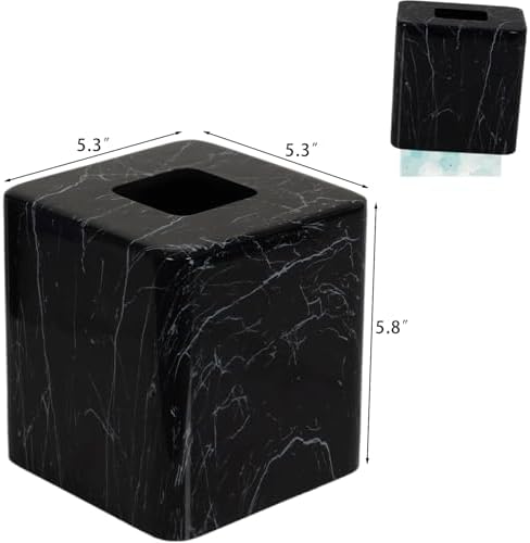 JUNGFORD Square Tissue Box Cover, Resin Facial Napkin Holder with Realistic Black Marble Pattern, Water Transfer Printed for Bathroom, Living Room, Office Decor
