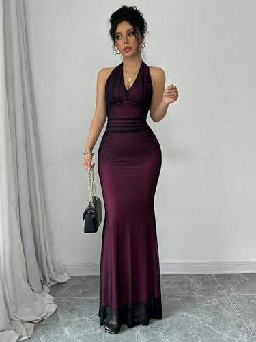 Women's Sexy Halter Neck Sleeveless Maxi Dress - Sheer Mesh Bodycon Mermaid Gown for Evening Party, Club, and Formal Events
