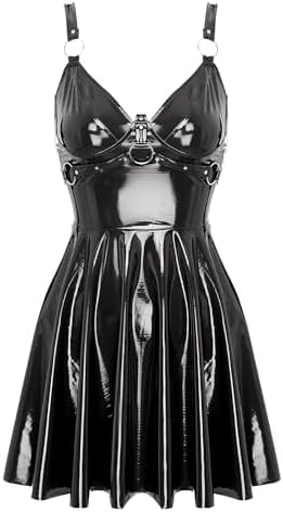 Woman's PVC Leather Shiny Skater Dress Wet Look A-Line Pleated Swing Short Dress Clubwear