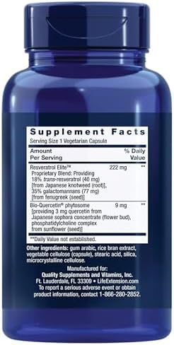 Life Extension Optimized Resveratrol Elite, Trans-resveratrol, quercetin, Healthy Aging, Heart Health, Brain Health, oxidative Stress, Gluten-Free, Non-GMO, Vegetarian, 60 Capsules