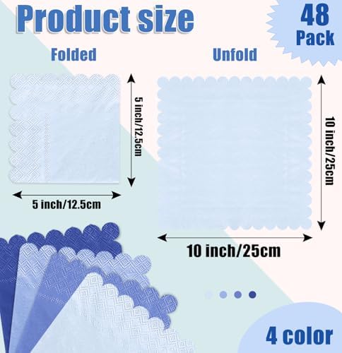 SietDESEO 48 Pieces 3-ply Gradient Blue Napkins Disposable Folded 5 x 5 Inches Scalloped Cocktail Napkins Paper Napkins for Dinner Wedding Birthday Party Blue Dessert Napkins