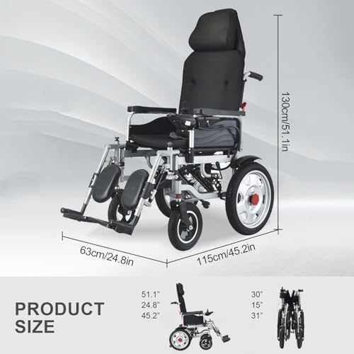 Reclining Backrest Electric Wheelchair, Foldable Motorized Wheelchairs for Adults and Seniors Support 320lbs,Airline Approved,25 Miles Longer Range All Terrain Durable Power Wheelchair, 500W Motor