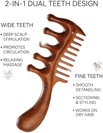 Wooden Scalp Massager Comb – Natural Wood Wide & Fine Tooth with Handle for Hair Growth, Scalp Care & Stress Relief – Detangling Tool for All Hair Types