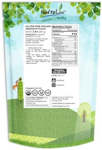 Food to Live Gluten Free Organic Amaranth Flour, 2 Pounds – Non-GMO Whole Grain Flour, Vegan Fine Meal, Bulk Powder. High in Fiber, Protein. Great for Cooking, Baking, and as Thickener