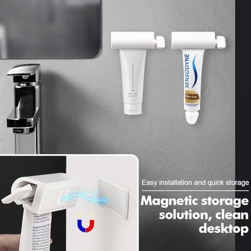 Set of 4 Toothpaste Squeezer Rollers Magnetic Wall-Mounted, Comes with 2 Silcone Toothpaste Cap for Tube Cosmetics, Tube Ketchup etc Dispenser, Simple and Practical, Kid Friendly