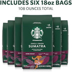 Starbucks Ground Coffee, Dark Roast Hot or Iced Coffee, Single-Origin Sumatra, Six 18 oz Bags