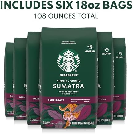 Starbucks Ground Coffee, Dark Roast Hot or Iced Coffee, Single-Origin Sumatra, Six 18 oz Bags