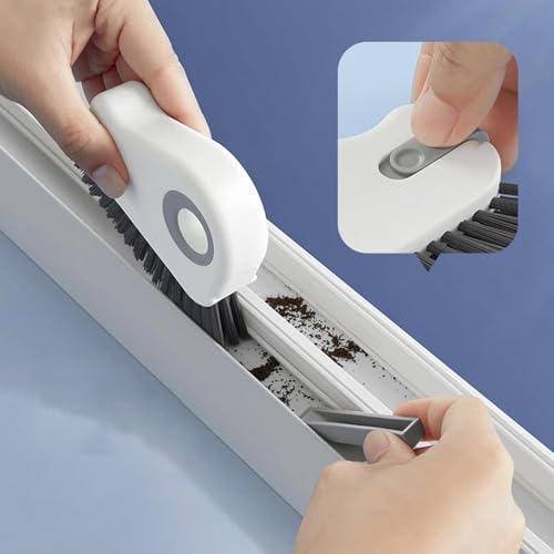 2 in 1 Groove Cleaning Brush, Multifunction Window Track Cleaning Tools with Hard Bristle and Hidden Scraper, Crevice Brush for Sliding Door Track, Window Seal, Sill (Gray)