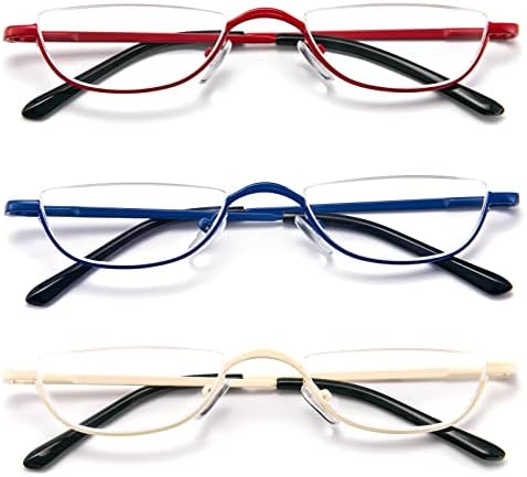 KoKoBin Half Reading Glasses - Half Rim Metal Frame Glasses Spring Hinge Readers with Leather Pouch for Men and Women