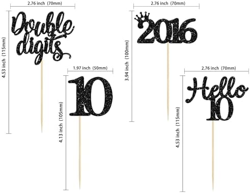 Gyufise 24 Pack Black Glitter Happy 10th Birthday Cupcake Toppers 10 Ten Hello 10 Double Dights Since 2016 Cupcake Picks for 10th Birthday Party Decorations
