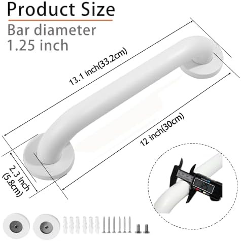 Shower Grab Bar, 2 Pack 12 Inch White Bathroom Grab Bar, 1.25" Diameter 304 Stainless Steel Anti-Slip Grab Bars for Bathtubs and Showers, Handicap Shower Grab Bar for Seniors Elderly