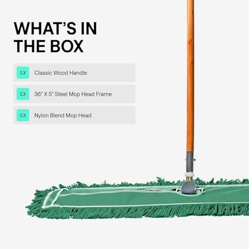 36 Inch Green Commercial Dust Mop & Floor Sweeper – Wood Handle Floor Mop for Tile, Hardwood & Concrete