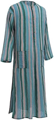 IDOPIP Men's Muslim Thobe Long Sleeve Striped Robe Gown Arab Islamic Kaftan Abayas Dress Middle East Dubai Ramadan Clothing