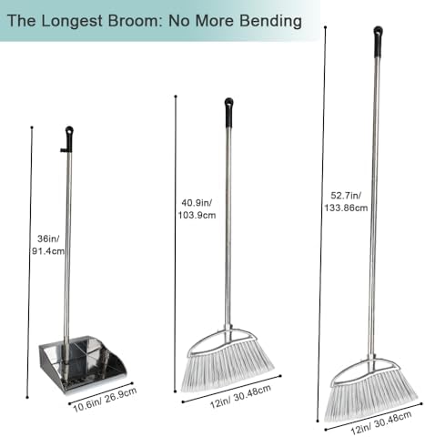 Metal Dustpan and Heavy Duty Broom Set, Stand Up Dustpan with Outdoor Stiff Bristles Broom for Hardwood Patio Room Office Floor Sweeping