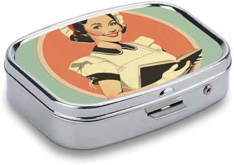 Pill Box Pill Case for Woman Weekly Pill Organizer Maid Holding A Book Small Pillbox Pill Container with 3 Compartments Portable Vitamin Holder Boxes for Travel Medicine Organizer