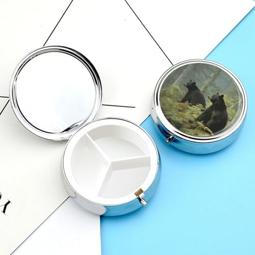 Round Pill Box 3 Compartment Black Bears Pill Case for Purse Pocket Portable Travel Pill Organizer Medicine Storage Box Small Metal Pill Container Holder to Hold Vitamins Fish Oil