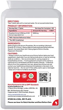 Rosehip Health+ (Pack of 2) 5000mg 120 Tablets - UK Manufactured GMP Guaranteed Quality - Suitable for Vegetarians & Vegans by Prowise Healthcare
