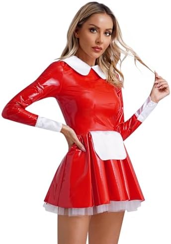 YiZYiF Women's PVC Wet Look Leather French Maid Costume Crop Top Mini Skirt Set Party Fancy Dress