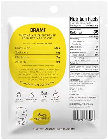 BRAMI Lupini Beans Snacks, Garlic & Rosemary | 7g Plant Protein, 0g Net Carbs | Vegan, Vegetarian, Keto, Plant Based, Mediterranean Diet, Healthy Snacks, Non Perishable, 5.3 Ounce (Pack of 1)