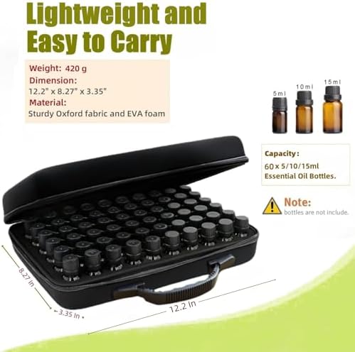 BLIRITEL 60 Bottles EVA Essential Oils Organizer, Hard Shell Essential Oil Storage Carrying Case, Essential Oils Holder Traveling Bag with Foam Insert, Holds 5ml,10ml,15ml Essential Oils (Black)