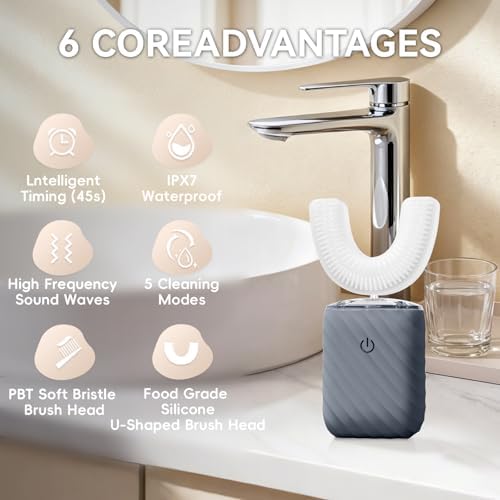 Ultrasonic Automatic Electric Toothbrush for Adults- U Shaped self Brushing Toothbrush, 360° Mouth Cleaning, 5 Modes for Whitening, IPX7 Waterproof Rechargeable (Deep Blue)
