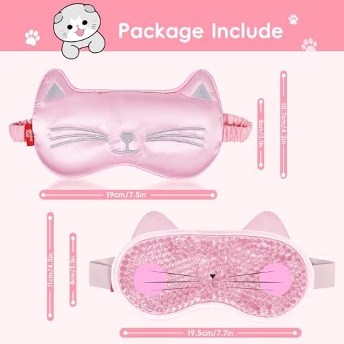 Cooling Eye Mask and Sleep Mask for Woman 2 Pcs, Cute Animal Cat Cartoon Pink Sleeping Mask Soft Cold Warm Compress Gifting for Dry Eyes Puff Eye Migraine Spa, Office, Morning Refreshment