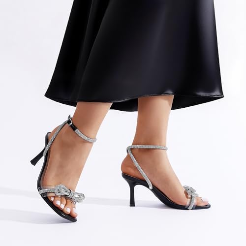 DREAM PAIRS Women's Double Bowknots Heels Open Square Toe Ankle Strap Crystal Rhinestone Dress Sandals for Party Wedding