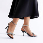 DREAM PAIRS Women's Double Bowknots Heels Open Square Toe Ankle Strap Crystal Rhinestone Dress Sandals for Party Wedding