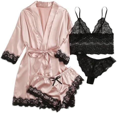 Womens 4 Piece Satin Lace Pajama Set Silky Robe Cami Top Shorts Panty Elegant Sleepwear Lingerie for Nightwear and Loungewear