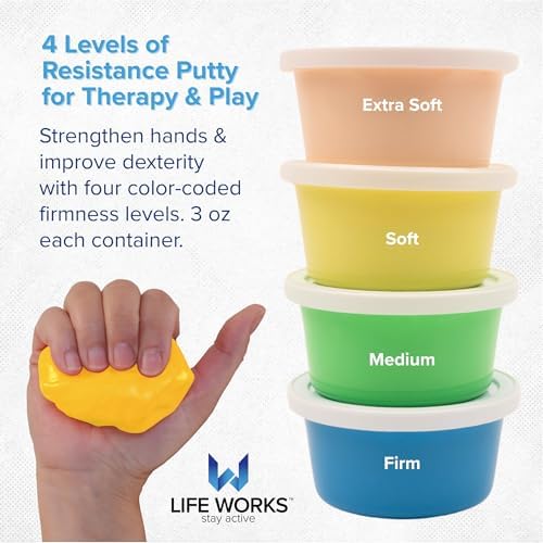 LIFE WORKS Therapy Putty for Hand Strength & Motor Skills, Non-Toxic Silicone, 4 Fun Colors, 4-Pack (4x3oz)
